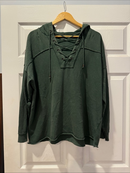 aerie Sweaters - AERIE Forest Green Lace-Up V-Neck Hoodie Sweater
